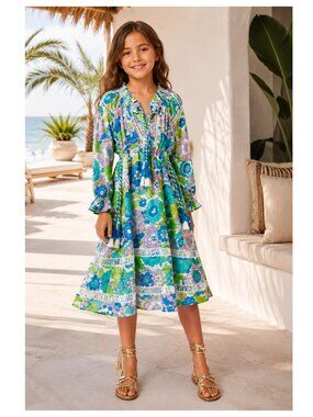 Dodo Bar Or Green Floral Retro Long Sleeve Resortwear Dress